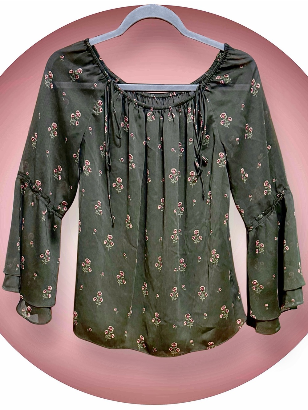 White House Black Market Olive Green Floral Tie-Neck Oversized Peasant Blouse XS